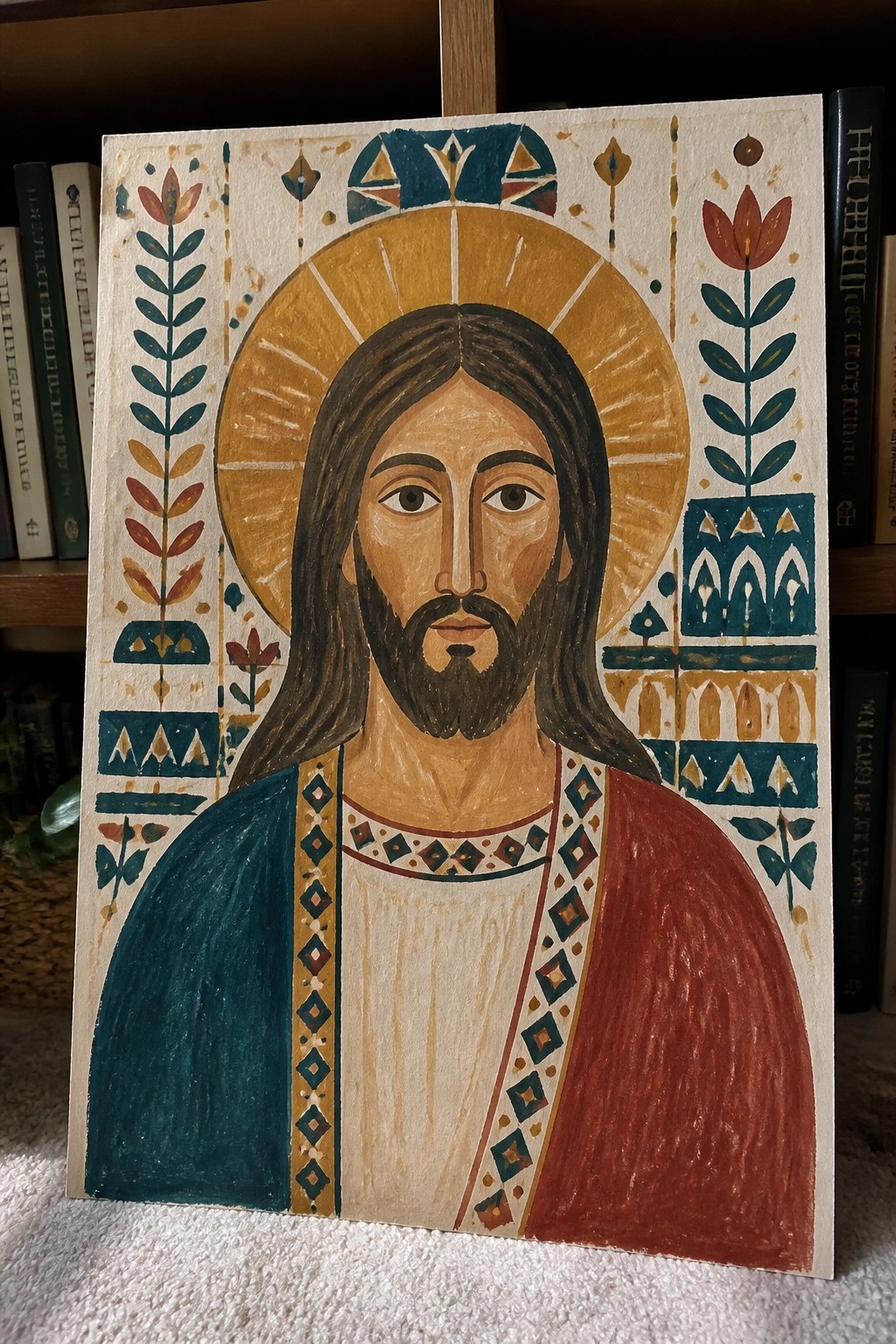 Stylized folk-art portrait of Jesus with golden halo in patterned red and blue robes