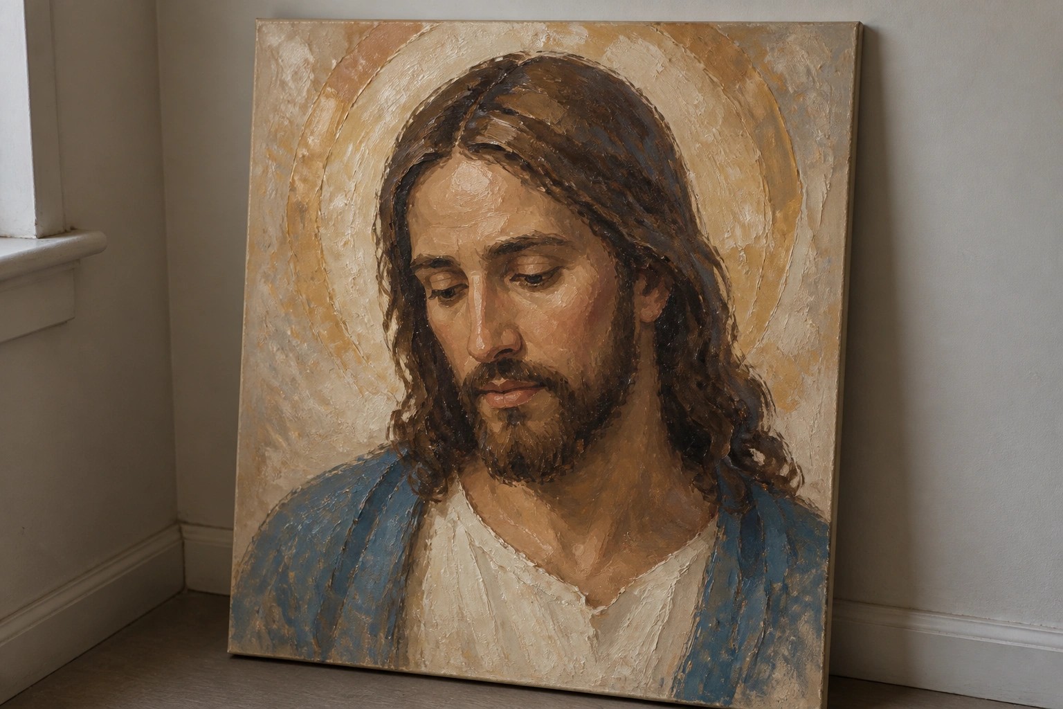 Jesus with long brown hair and beard in white robe with blue cloak and golden halo.