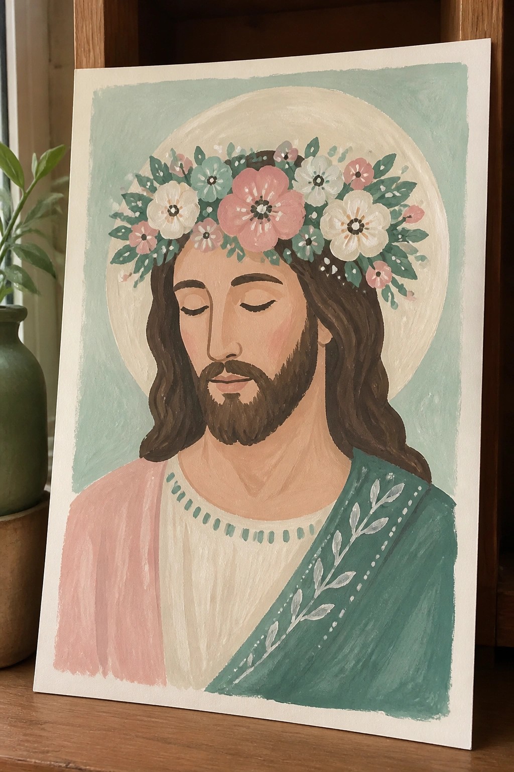 Jesus with closed eyes, floral crown, halo, in pink and green robes