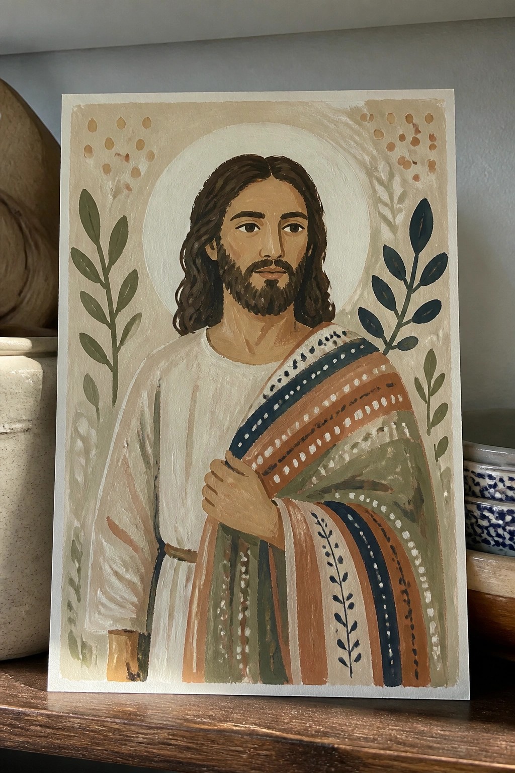 Jesus with long hair and beard in white robe and colorful striped shawl with halo