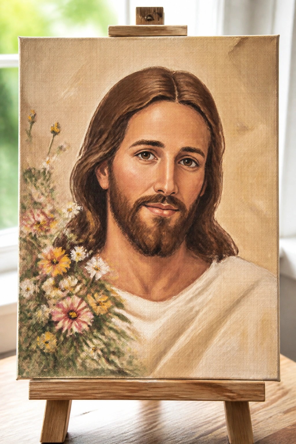 Realistic oil portrait of Jesus with long brown hair, beard, and flowers on easel