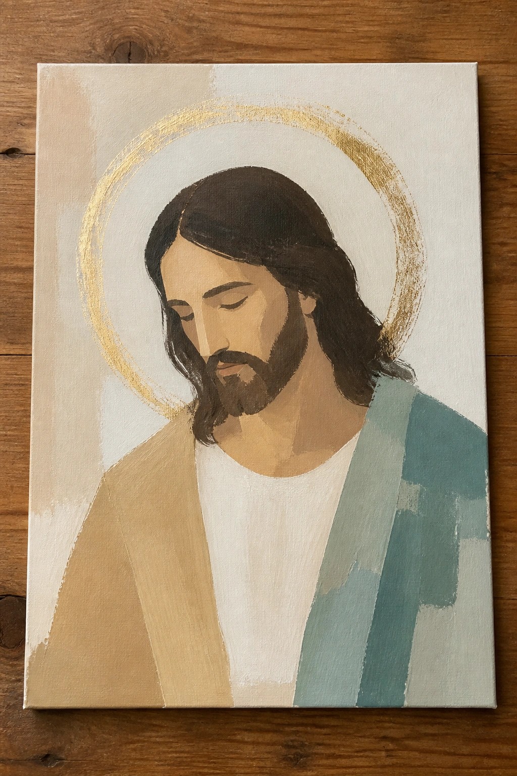Abstract painting of Jesus with golden halo, long brown hair, beard, and teal-beige robes