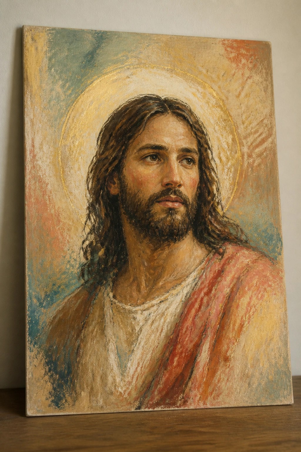 Oil painting of Jesus with long brown hair, beard, golden halo, red robes.