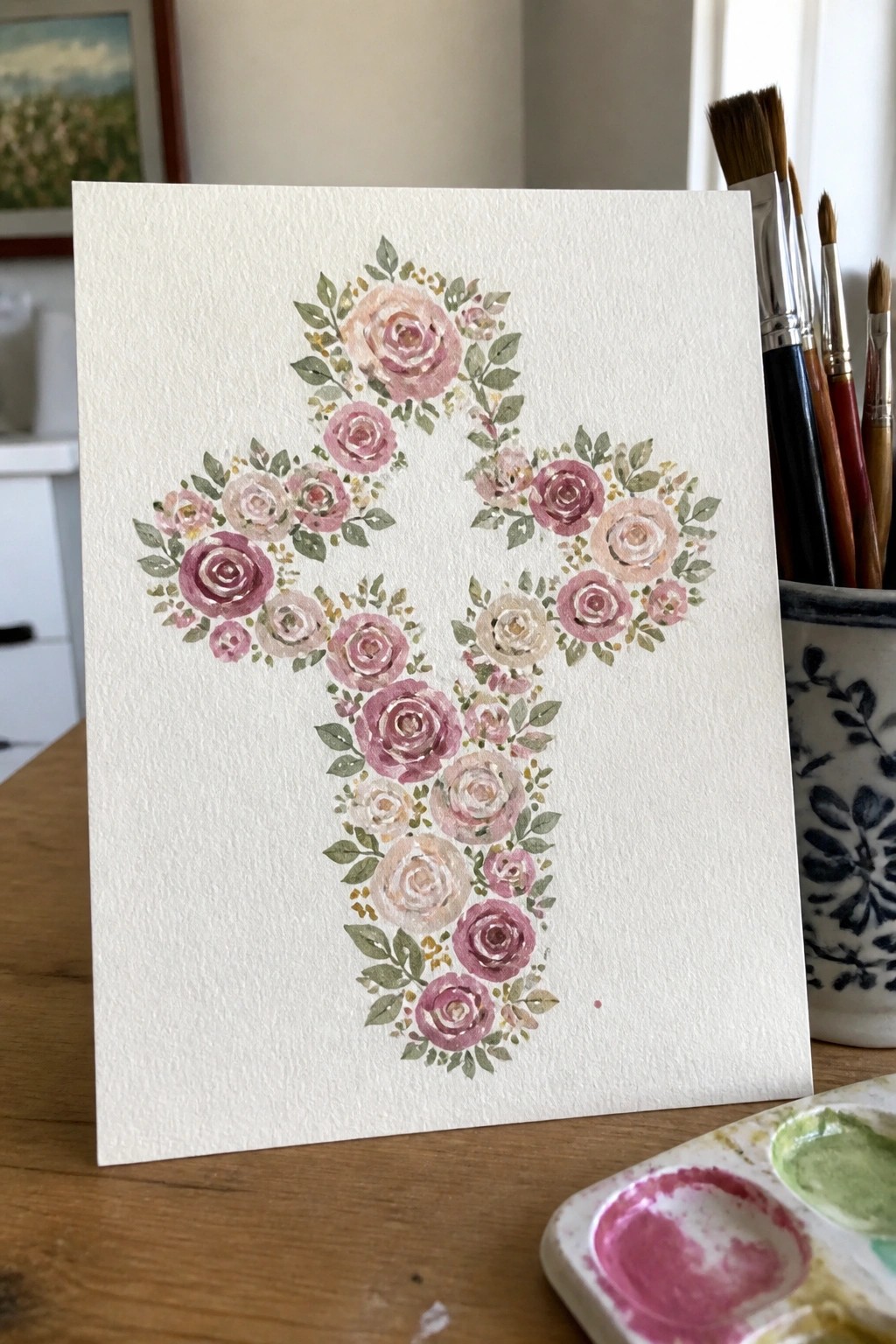 A cross made of pink and purple roses with green leaves painted on white paper beside paintbrushes and a palette.