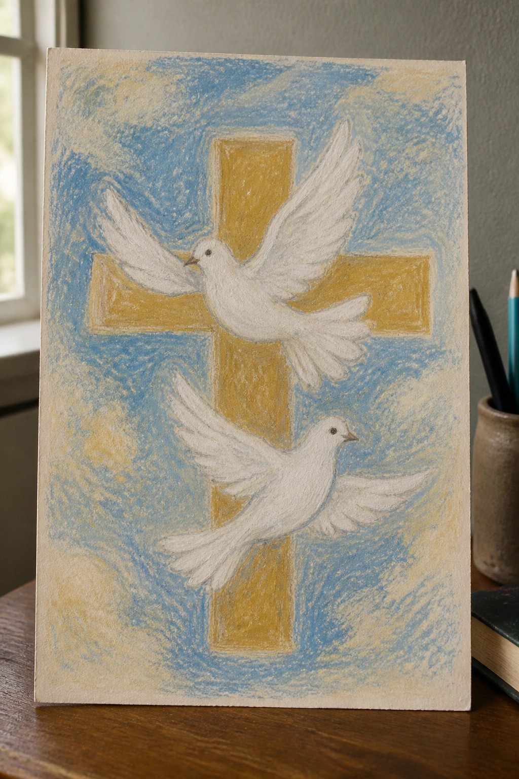 Two white doves flying around a golden cross on blue-yellow background