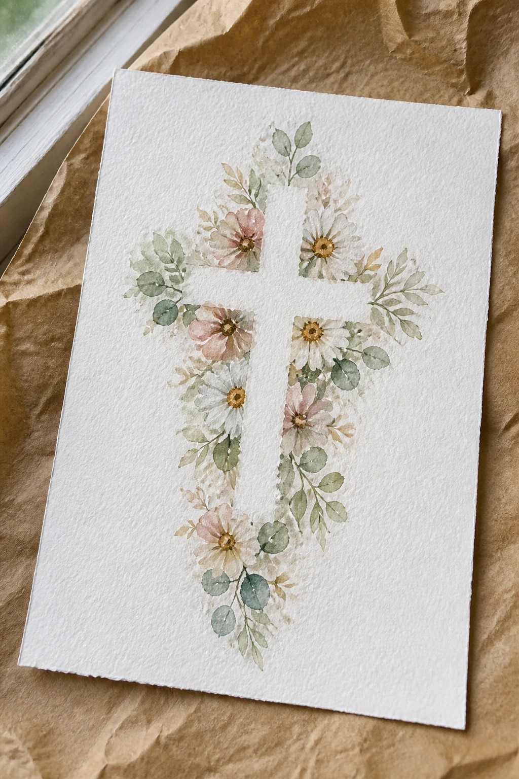 Watercolor floral cross with pink daisies and green leaves on white paper over brown.