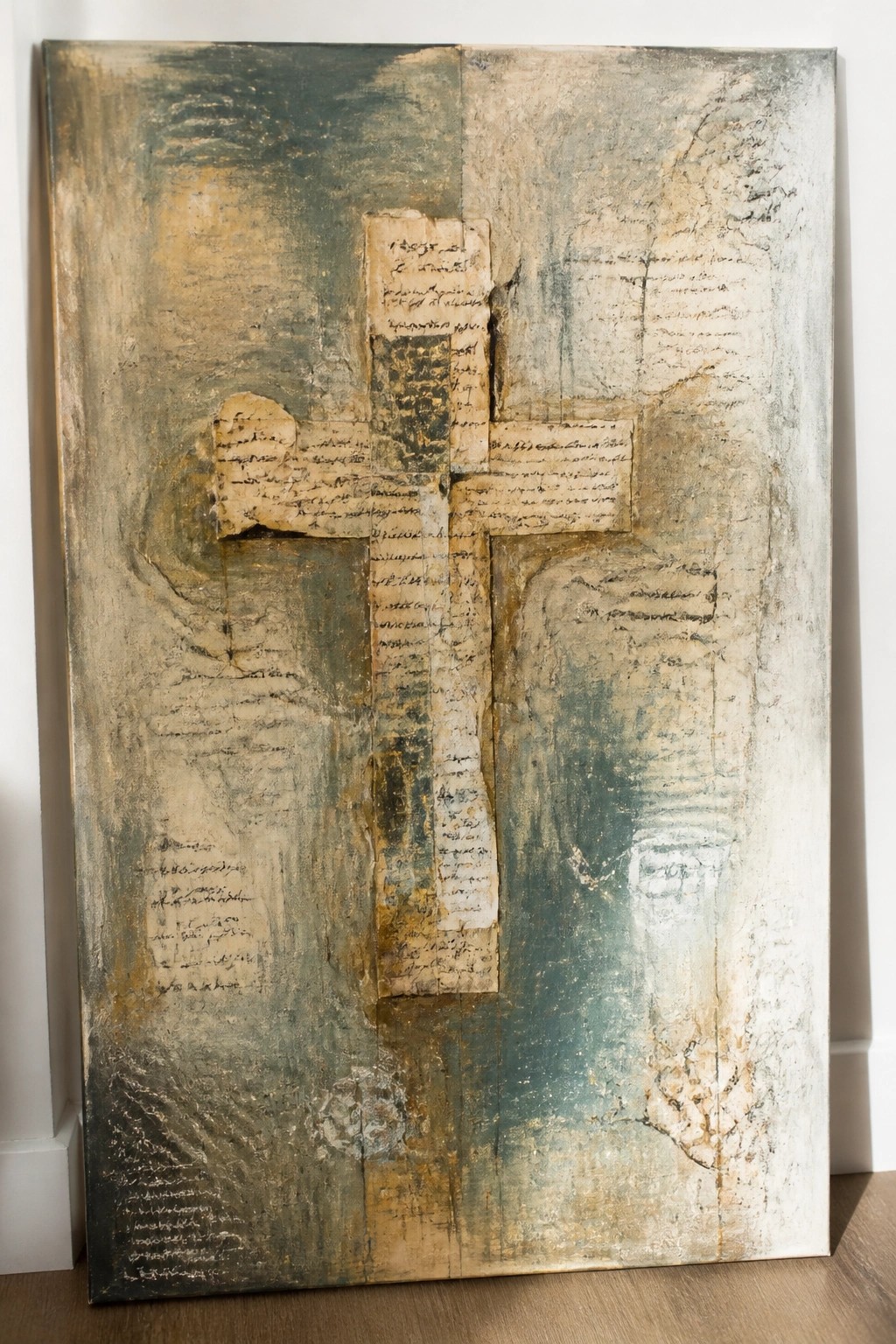 Textured abstract artwork with central cross of aged handwritten papers in earthy tones.