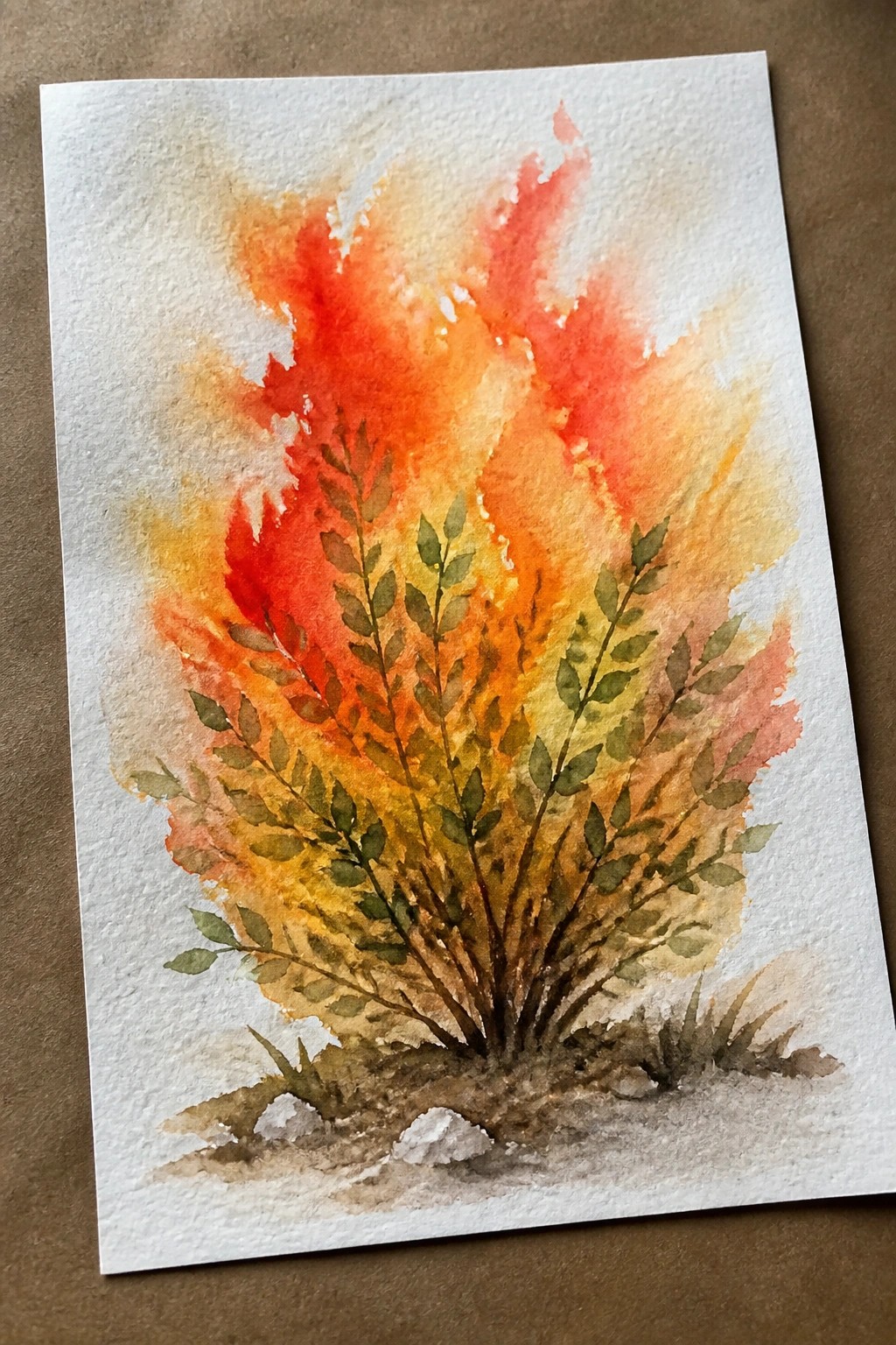 Watercolor of a fiery red-orange bush with green leaves on brown stems above rocky ground.