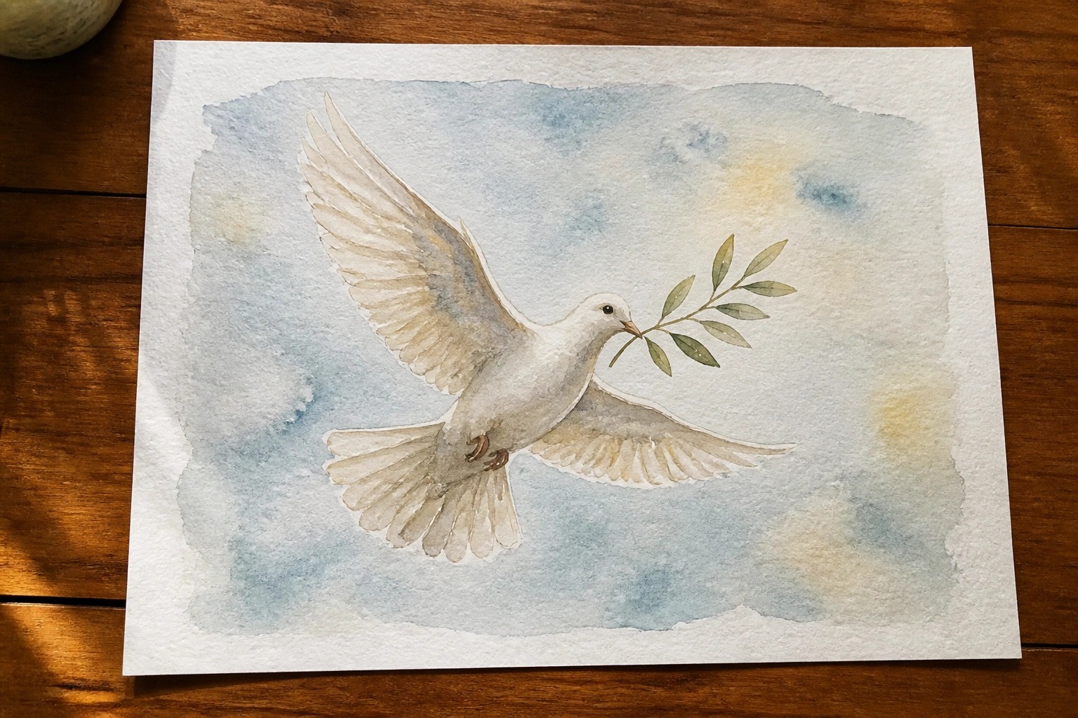 Watercolor of white dove in flight with olive branch against soft pastel clouds