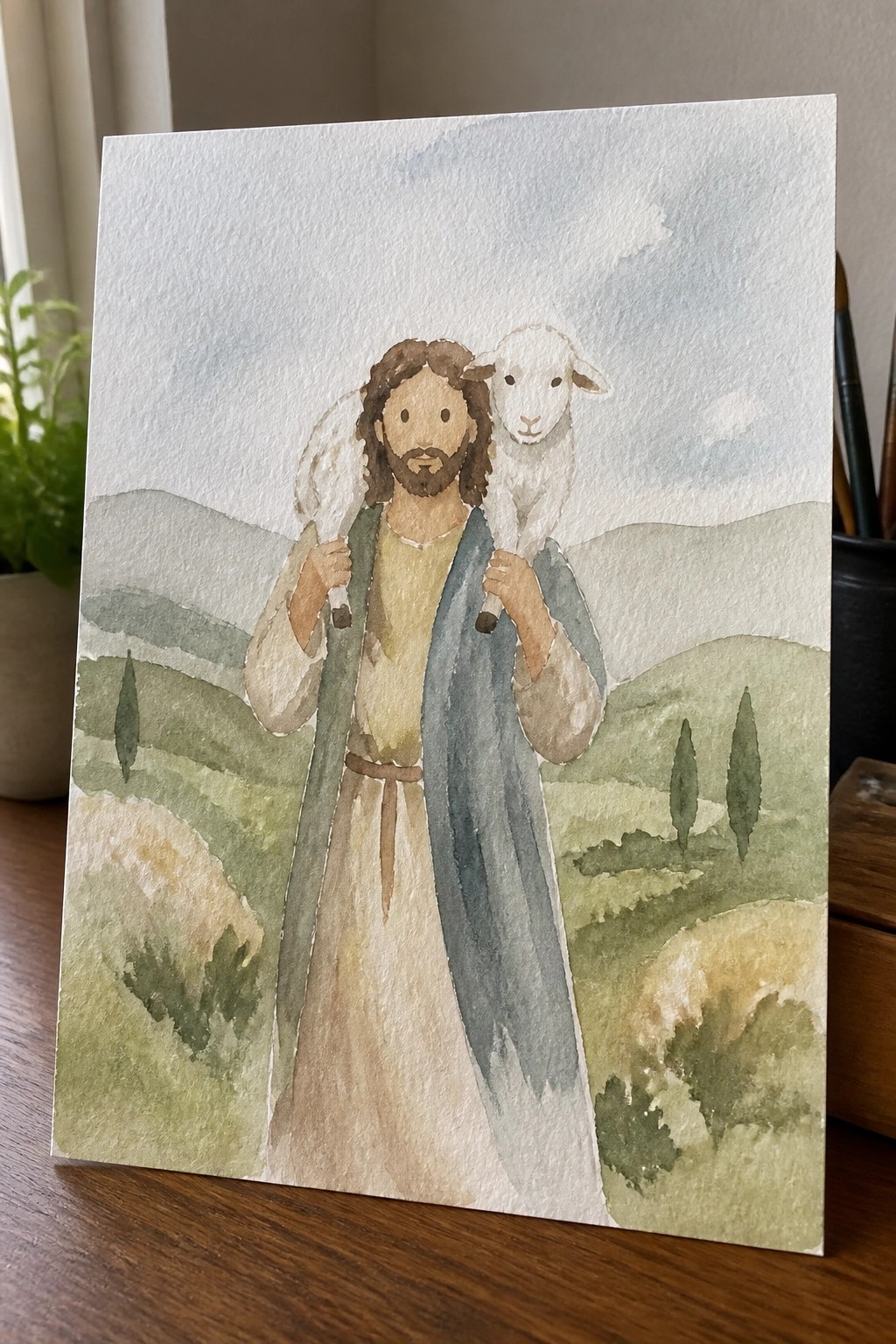 Watercolor of Jesus in yellow robe and blue cloak carrying a white lamb over green hills.