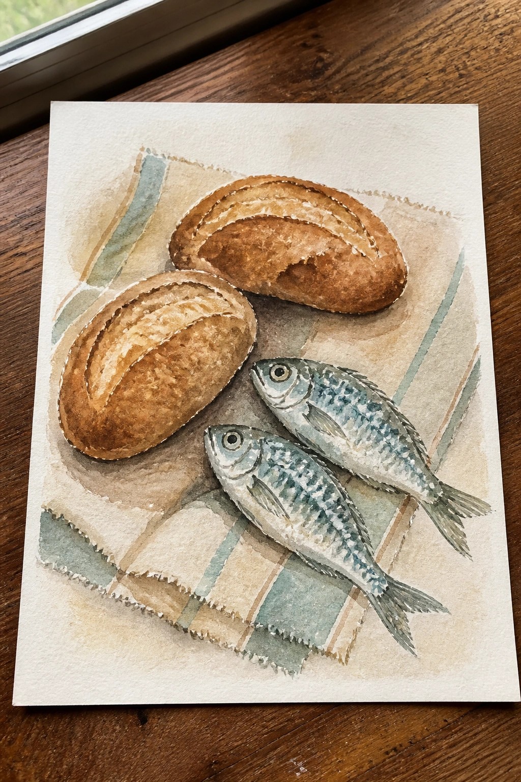 Watercolor painting of two bread loaves and two fish on plaid cloth