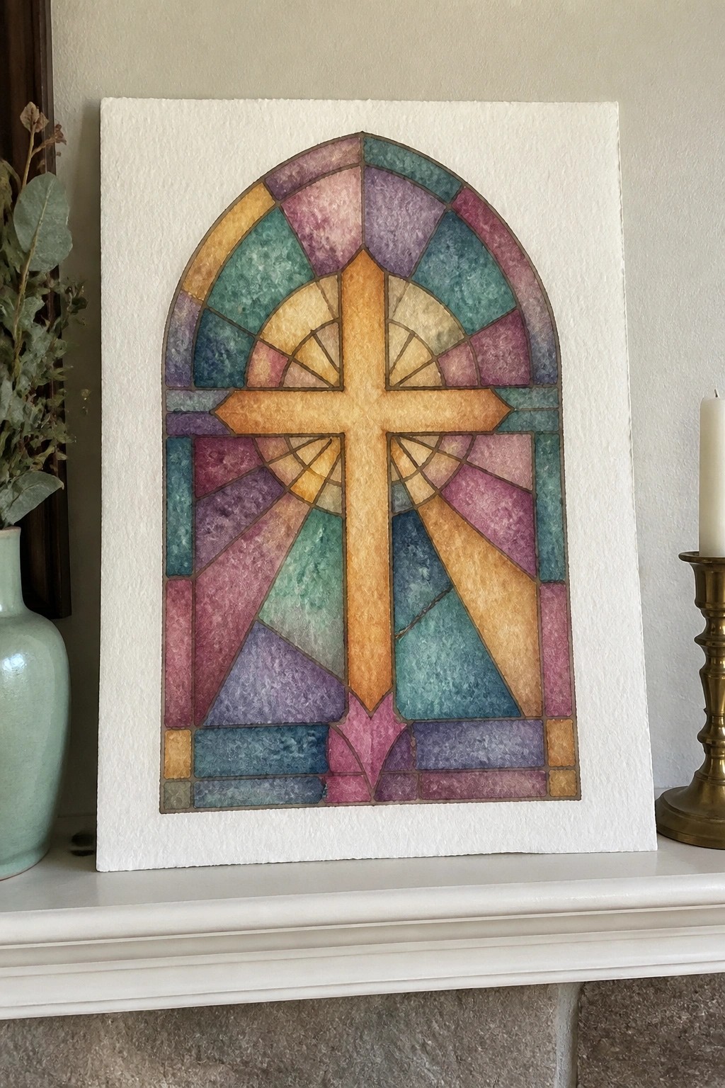 Arched pastel watercolor mimicking stained glass window with central golden cross