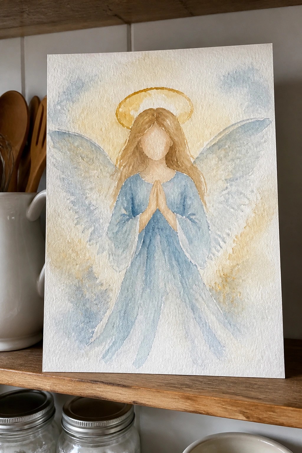 Watercolor angel in flowing blue robe with golden halo, clasped hands, and wings on wooden shelf.