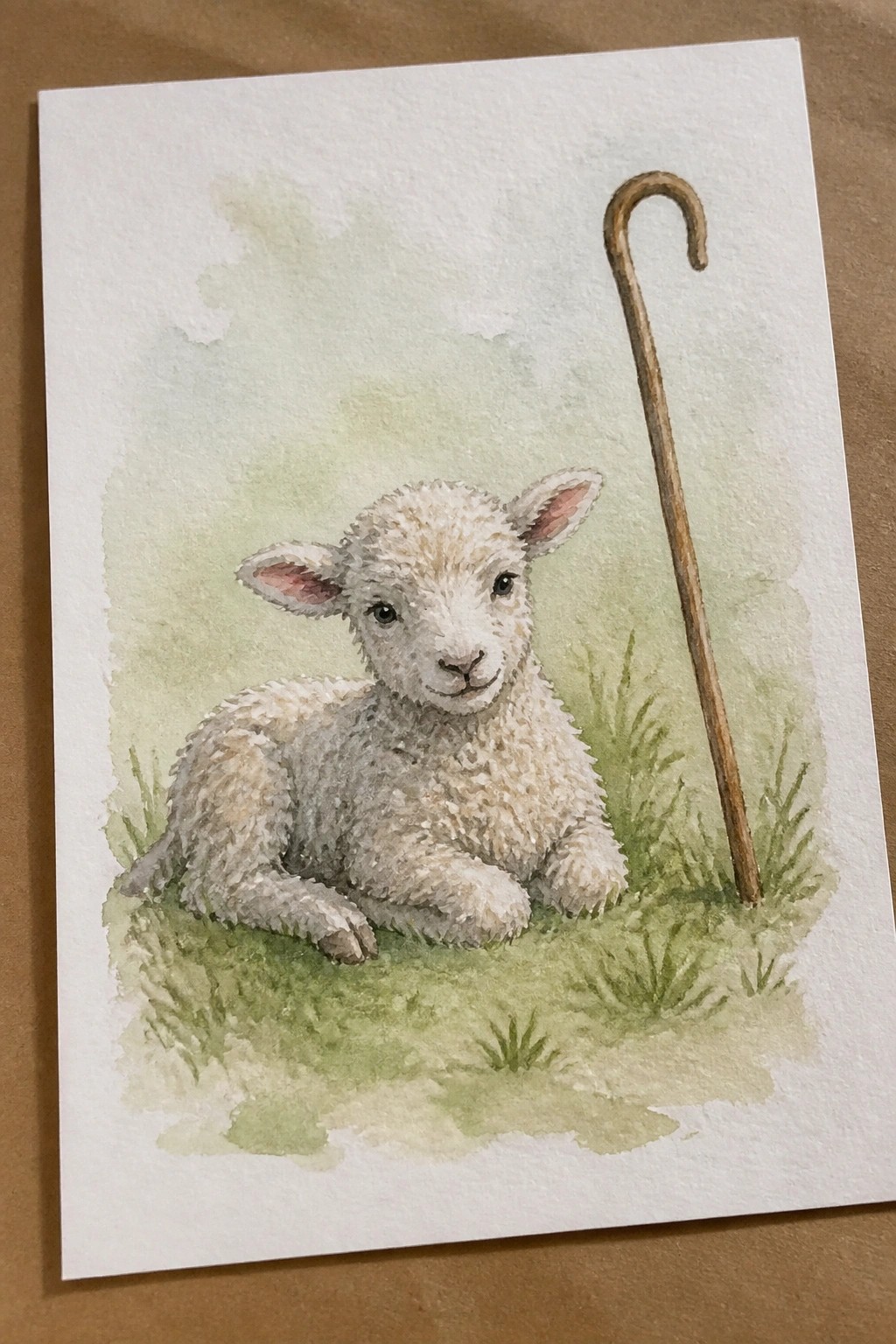 Watercolor painting of a white lamb lying on green grass with a brown shepherd's crook standing to the left.