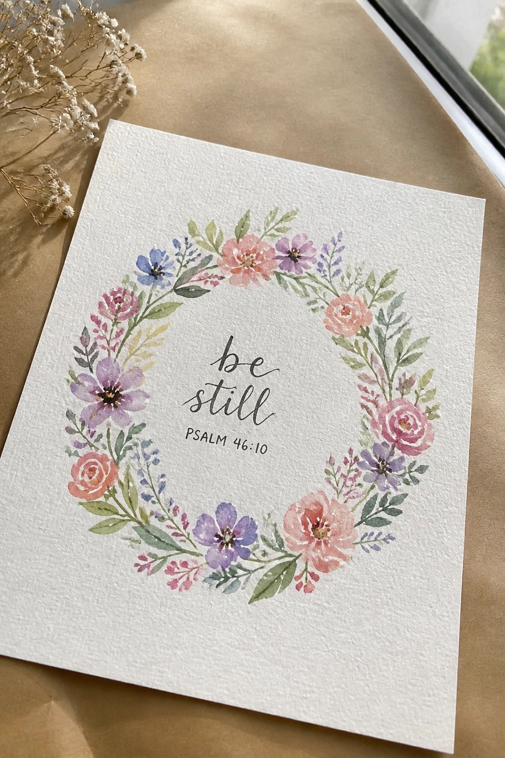 Watercolor pink rose and purple floral wreath card with 