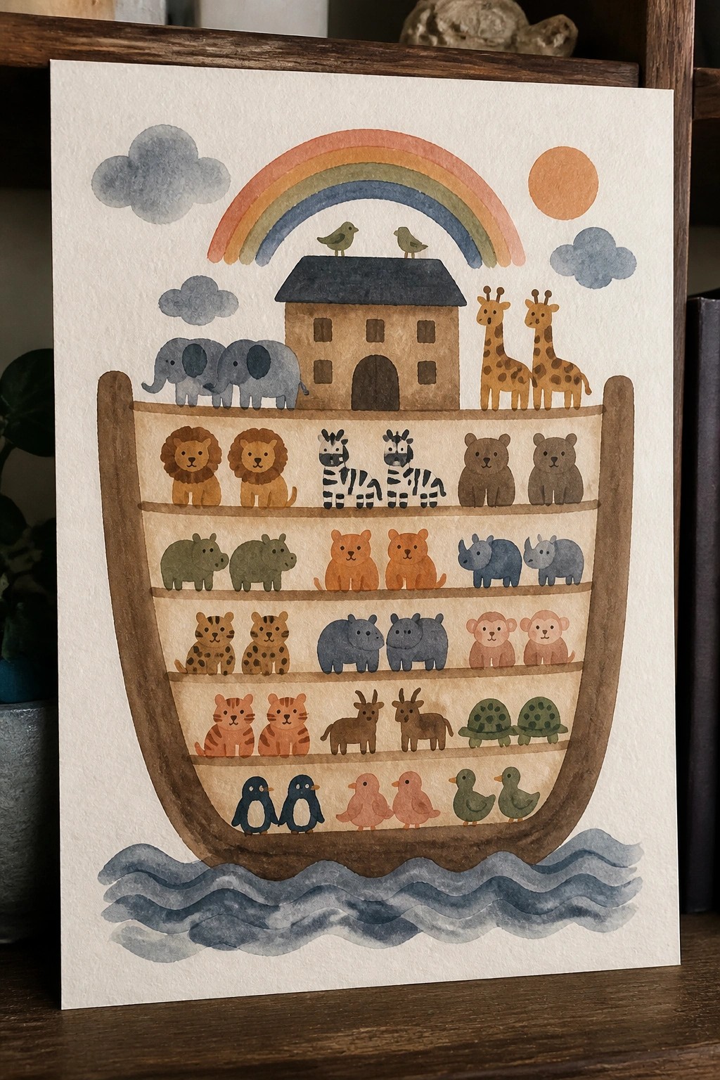 Watercolor Noah's ark with paired animals on decks under rainbow, sun, and clouds.