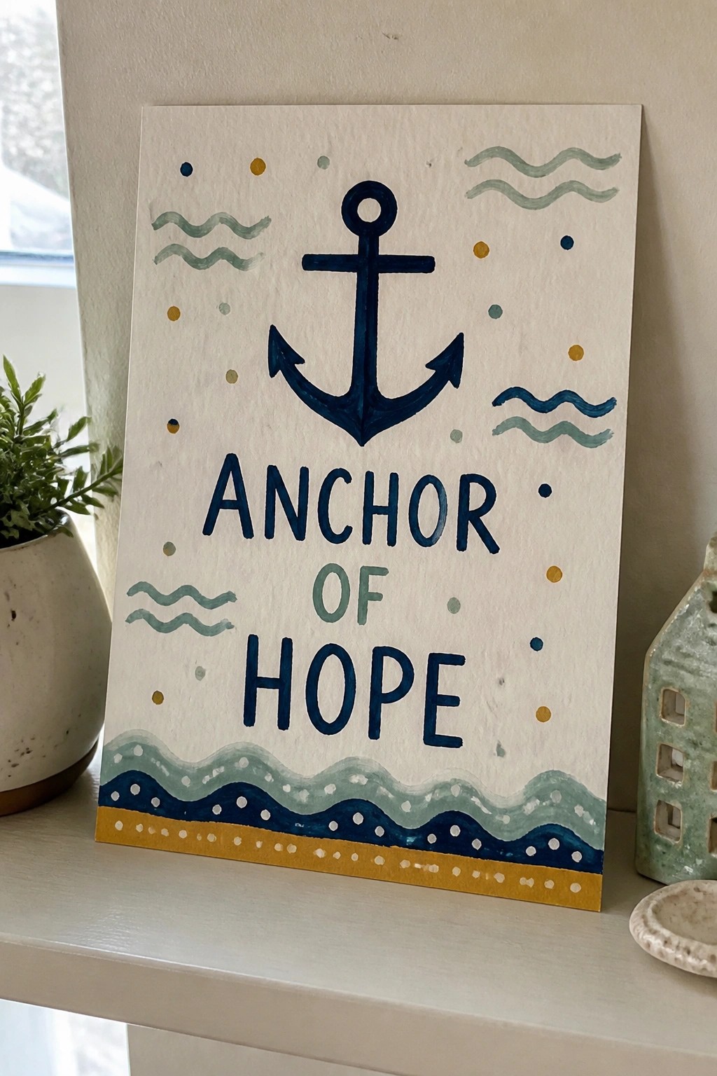 Hand-painted sign with blue anchor, 
