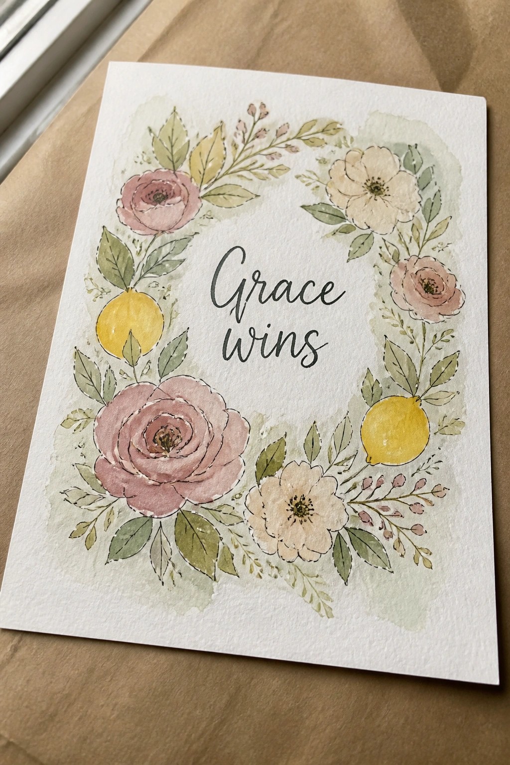 Watercolor floral wreath with pink roses, white blooms, lemons, and leaves around 