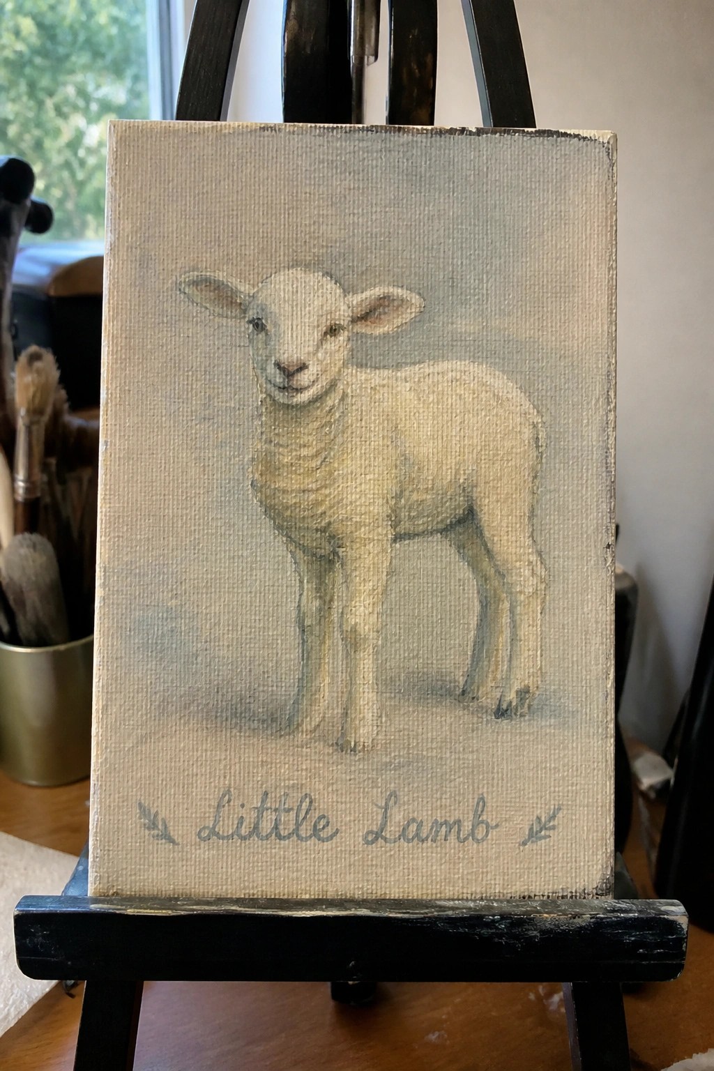 Canvas painting of white lamb with 