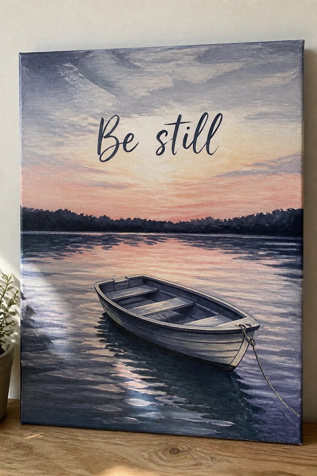Canvas painting of rowboat on calm water under pink-orange sunset sky with 