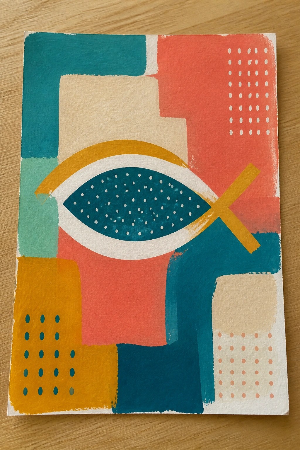 Abstract painting with geometric shapes, dotted patterns, and central fish symbol with cross
