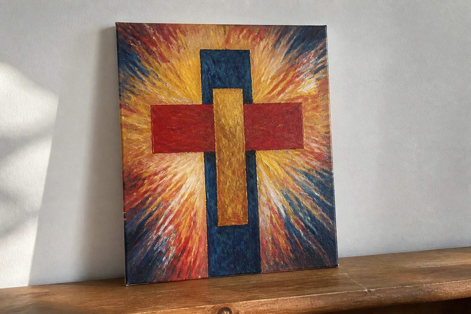 Abstract painting of red-blue-gold cross on fiery radiating orange-red canvas.
