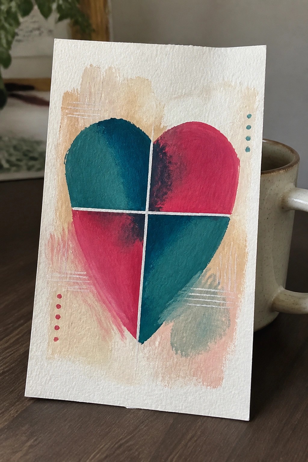 Watercolor heart split into teal and red quadrants on beige abstract background