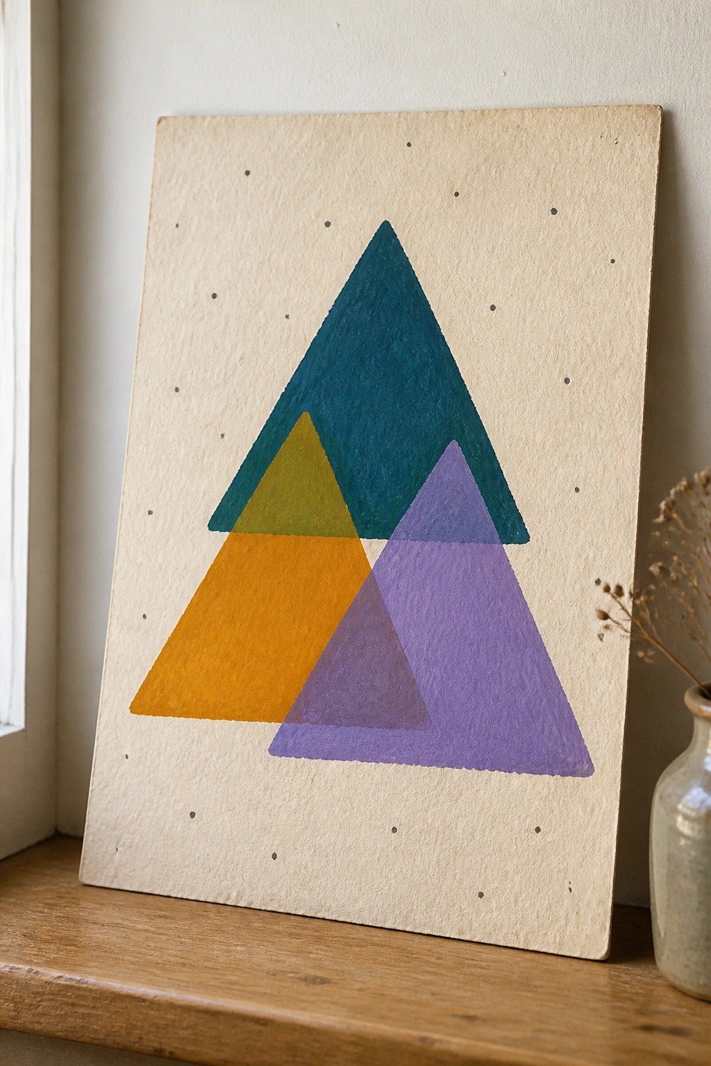 Abstract artwork with overlapping triangles in teal, yellow, orange, and purple on beige paper.