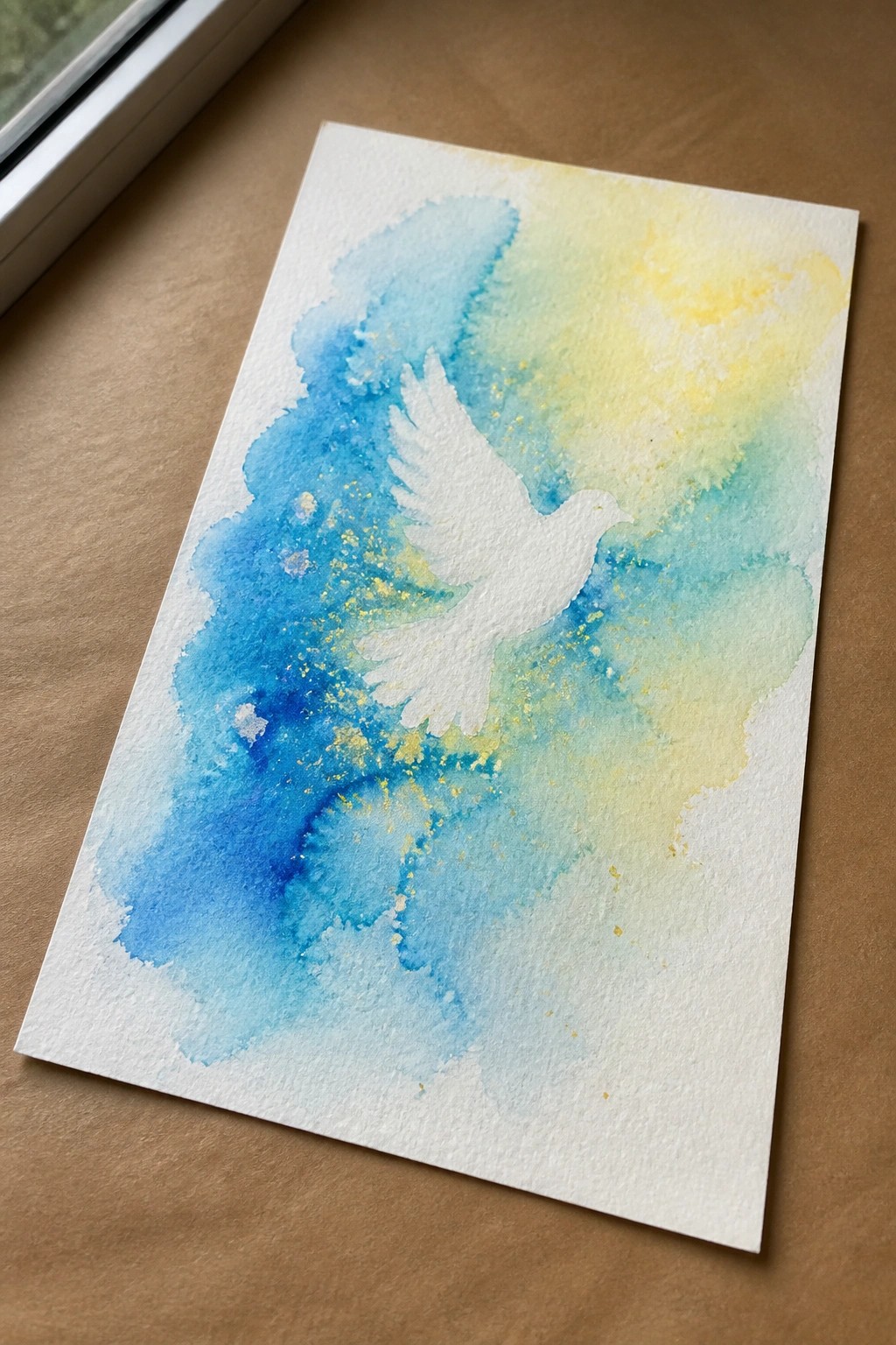 Watercolor painting of white dove in flight over blue and yellow washes with gold speckles