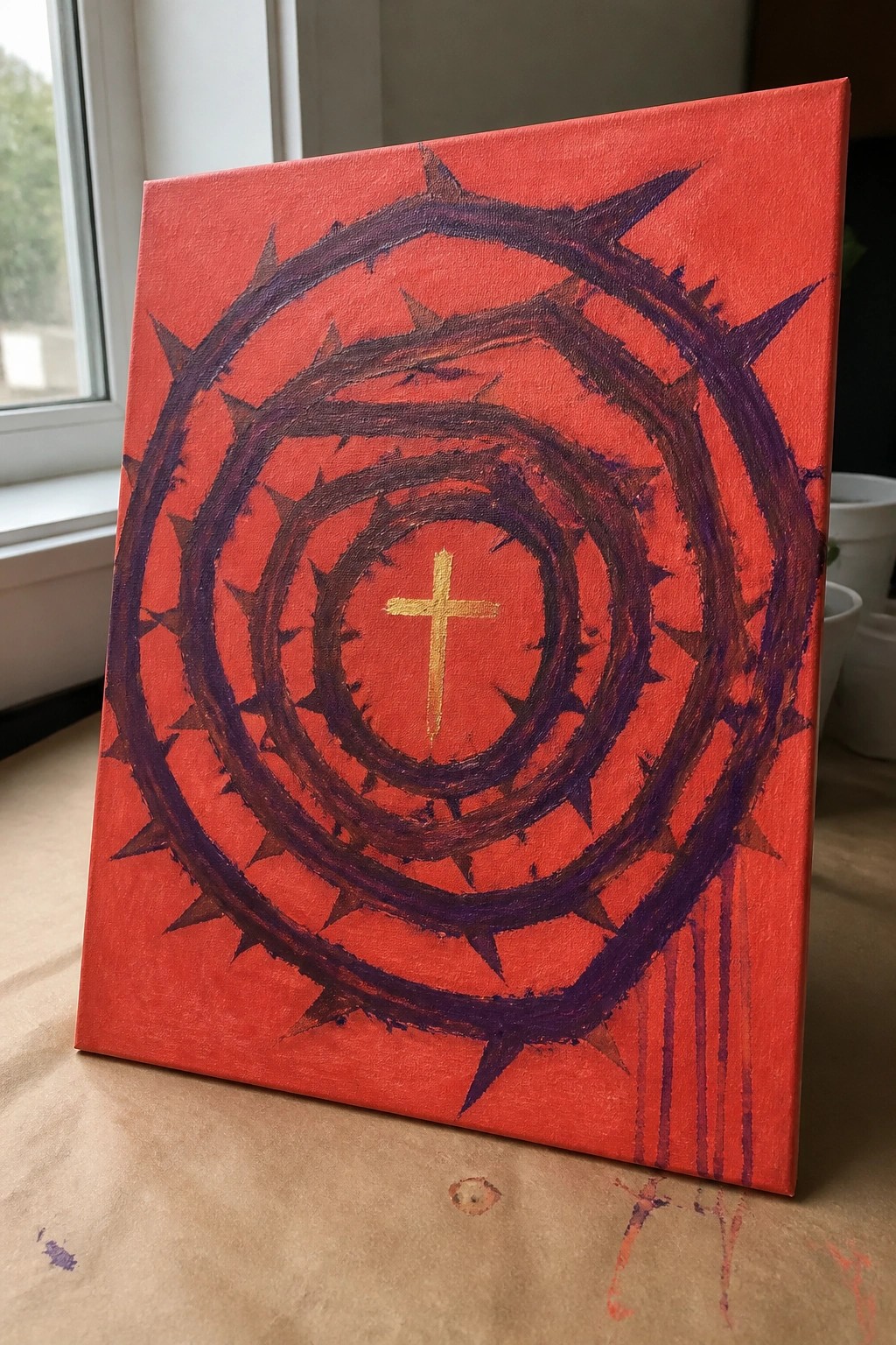Red canvas with gold cross inside swirling purple thorny spirals and paint drips