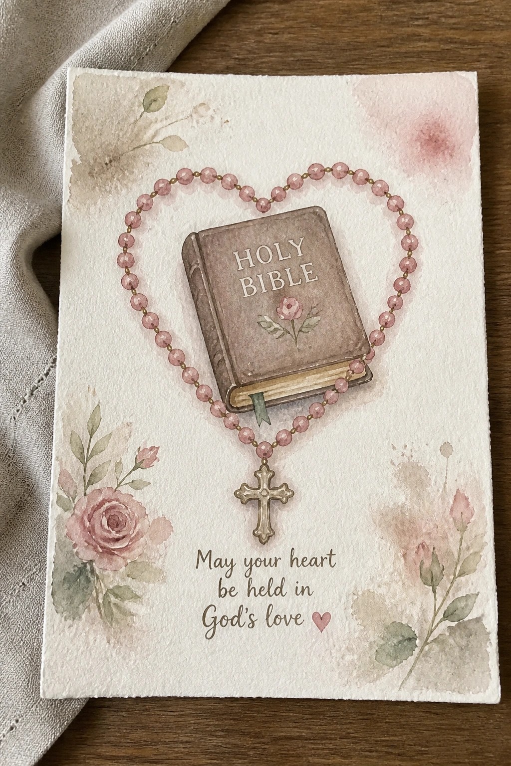 Watercolor card with pink rosary heart around Holy Bible, cross pendant, and floral designs.