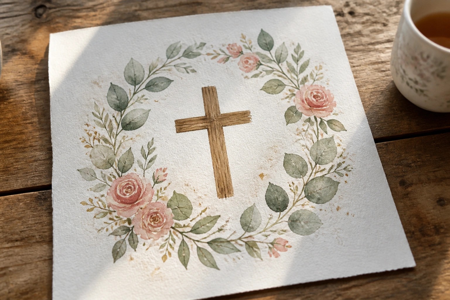 Watercolor cross centered in circular wreath of pink roses and green leaves on paper