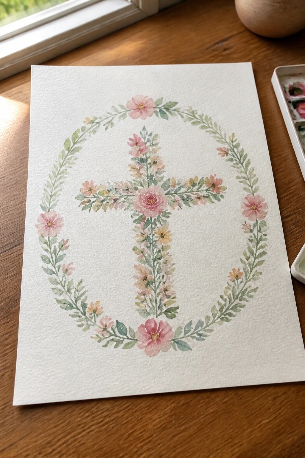 Watercolor floral cross inside circular wreath of pink flowers and leaves on paper.