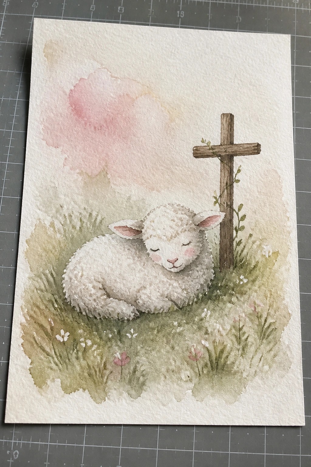 Watercolor of sleeping white lamb beside wooden cross with vines in flowery meadow.