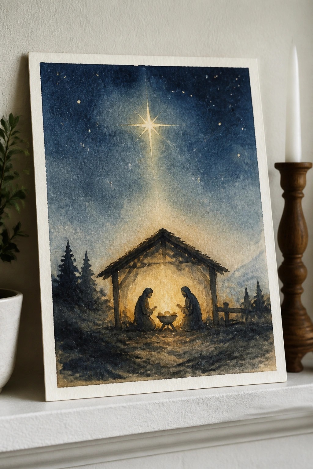 Framed watercolor nativity with robed figures in stable under glowing star beside candle