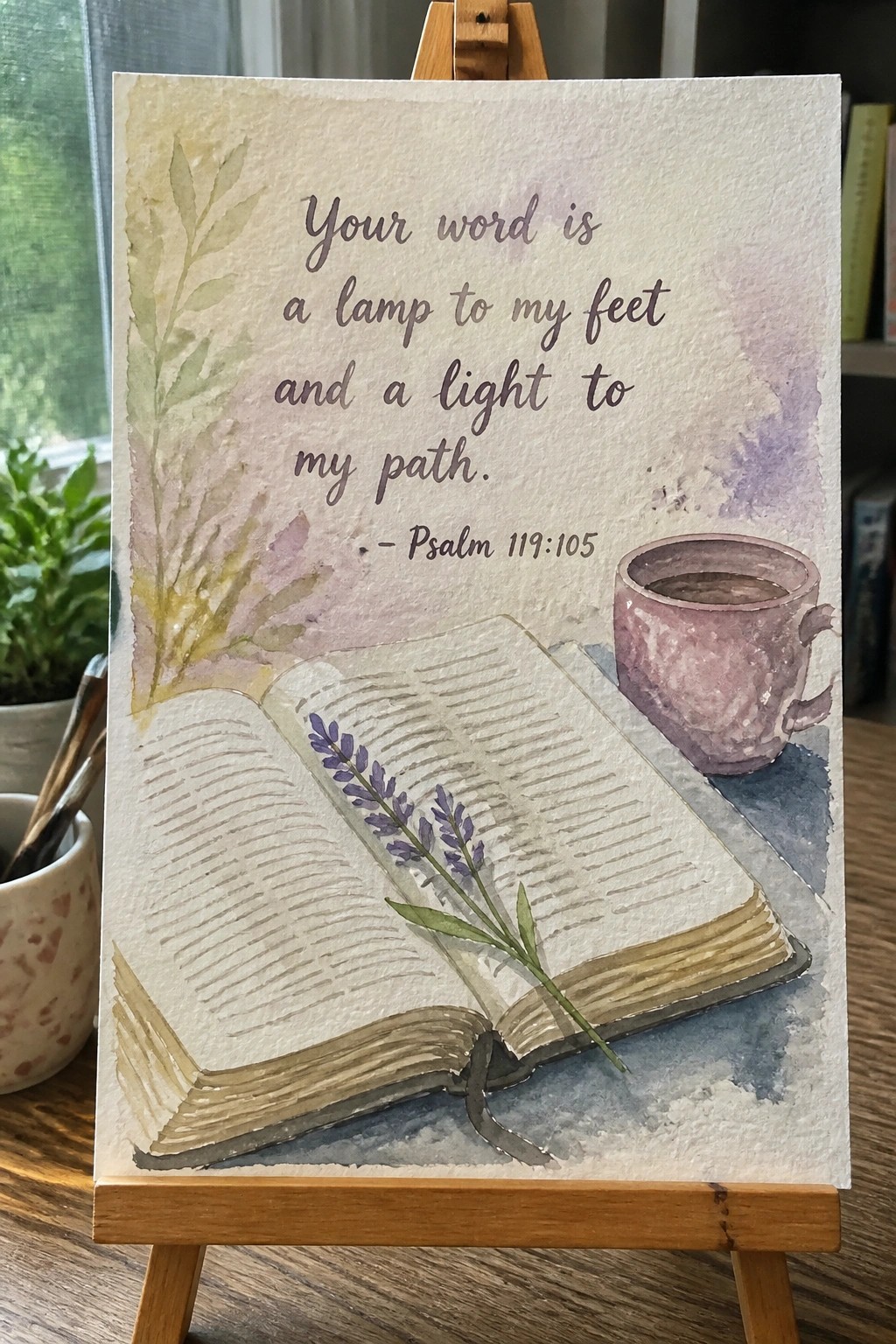 Watercolor painting on easel of open book with lavender, pink mug, and Psalm verse.