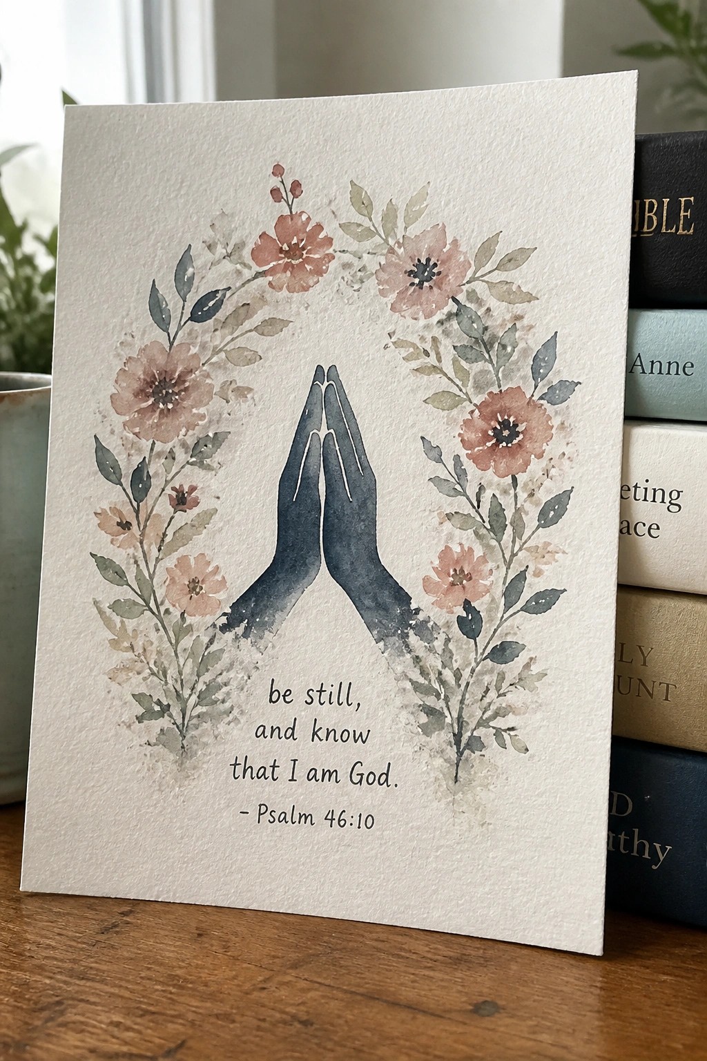 Watercolor praying hands in floral wreath with Psalm 46:10 quote on card