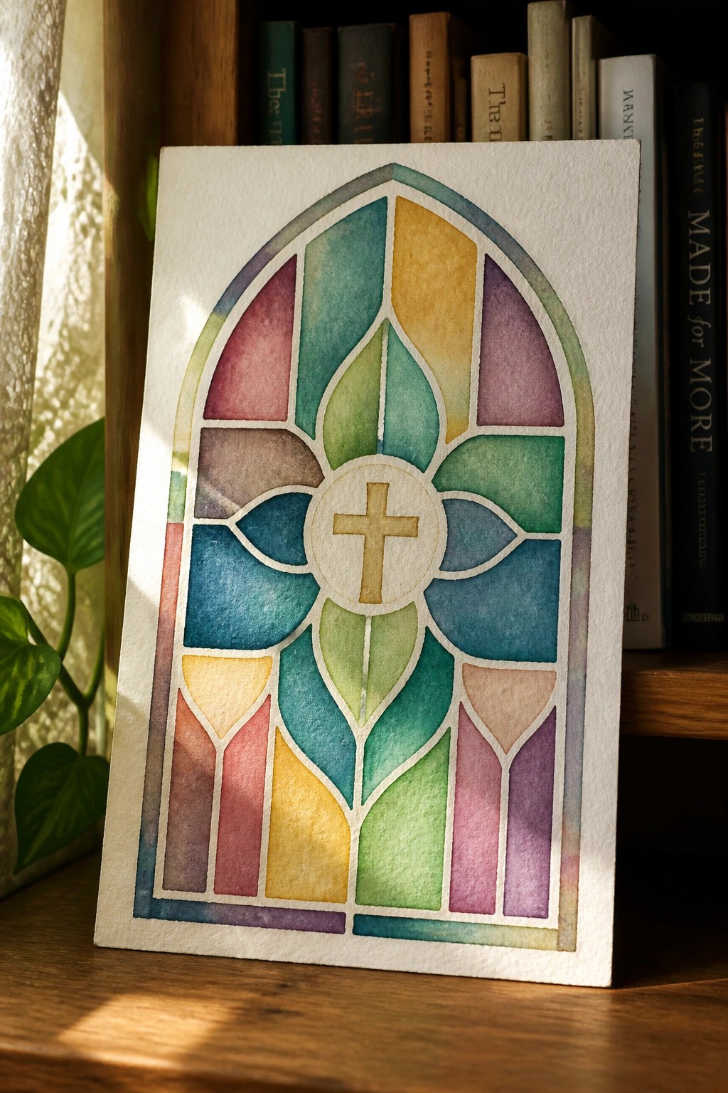 Watercolor arched stained-glass window with central cross, displayed on wooden shelf among books.