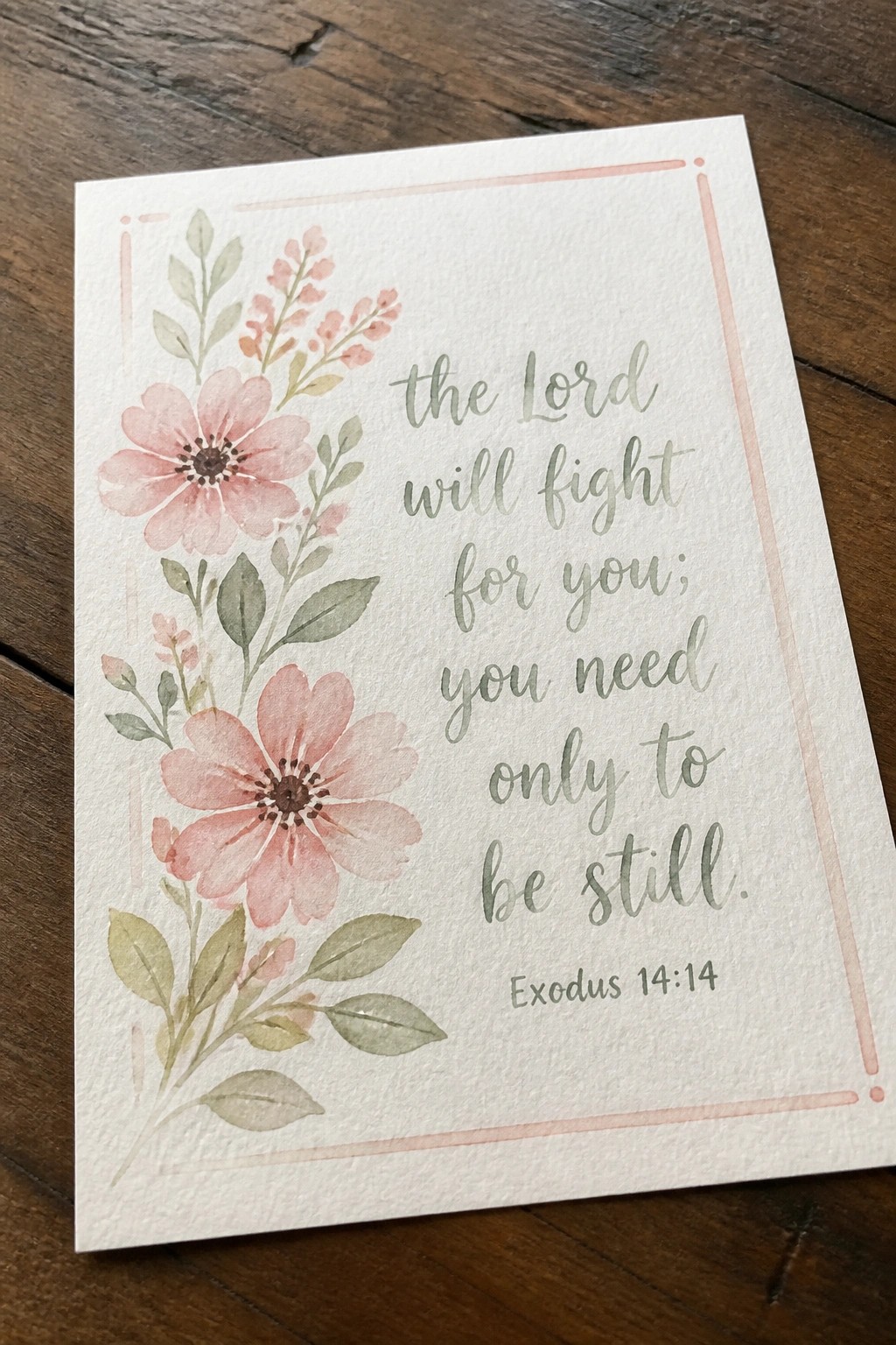 Pink watercolor flowers with green leaves beside Exodus 14:14 verse on card.