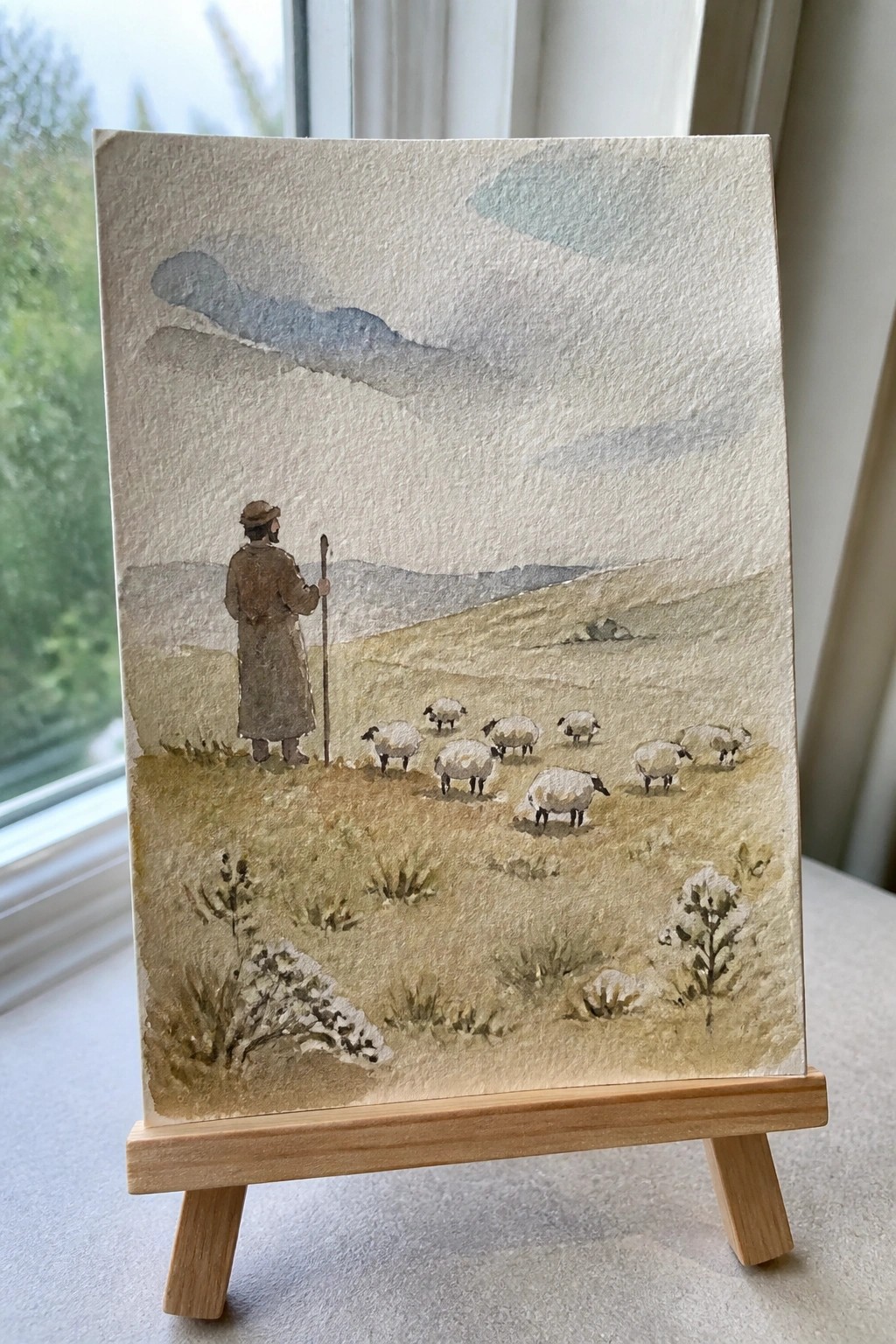 Watercolor of brown-robed shepherd with staff and white sheep grazing on rolling hills