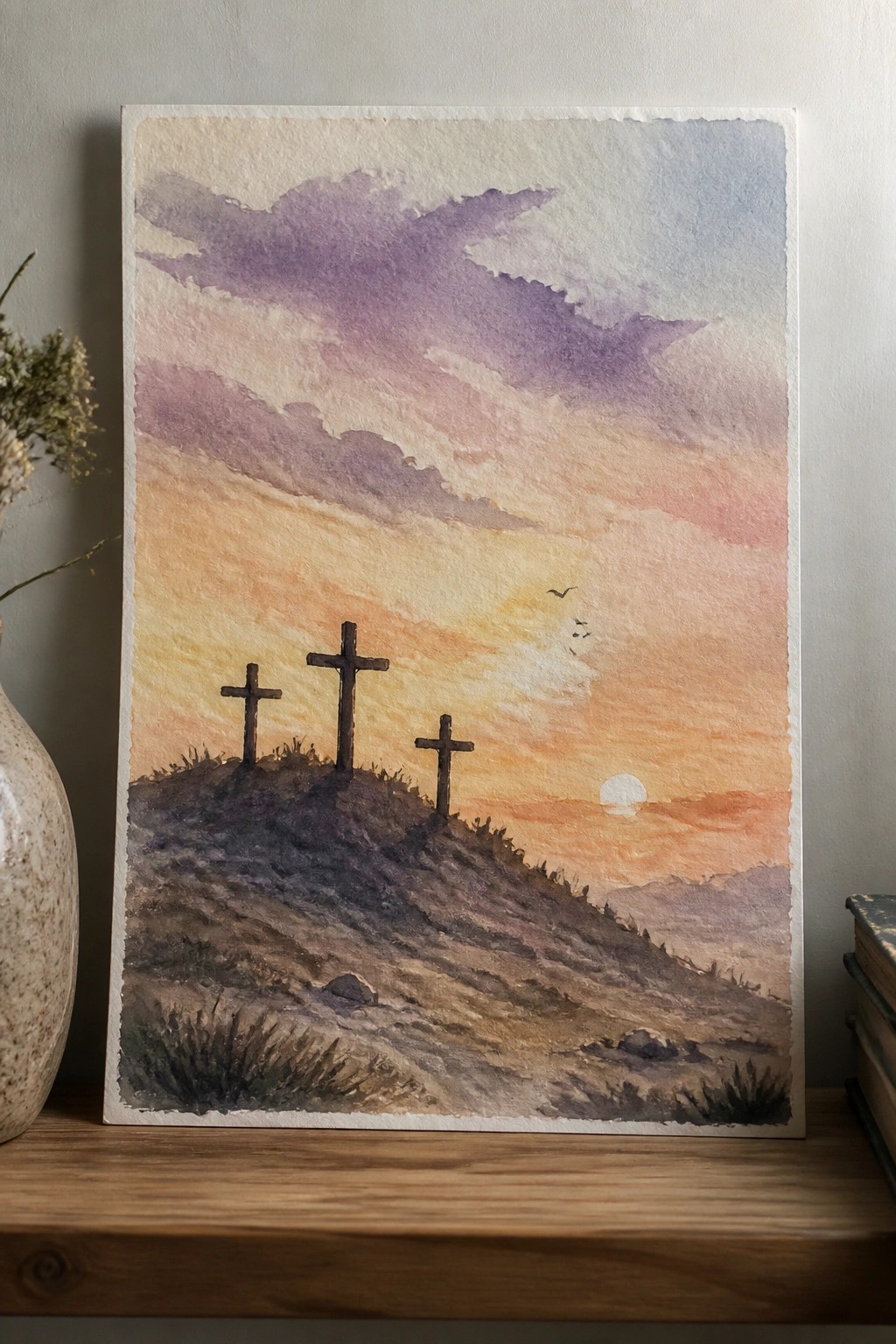 Three crosses on a hill beneath a purple-orange watercolor sunset sky with birds