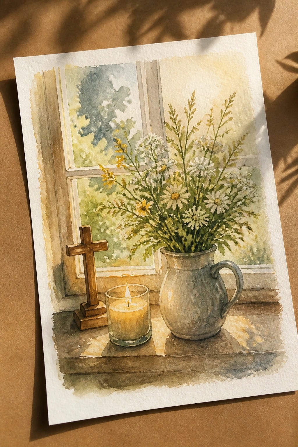 Watercolor still life of wooden cross, lit candle, and wildflower pitcher on sunlit windowsill.