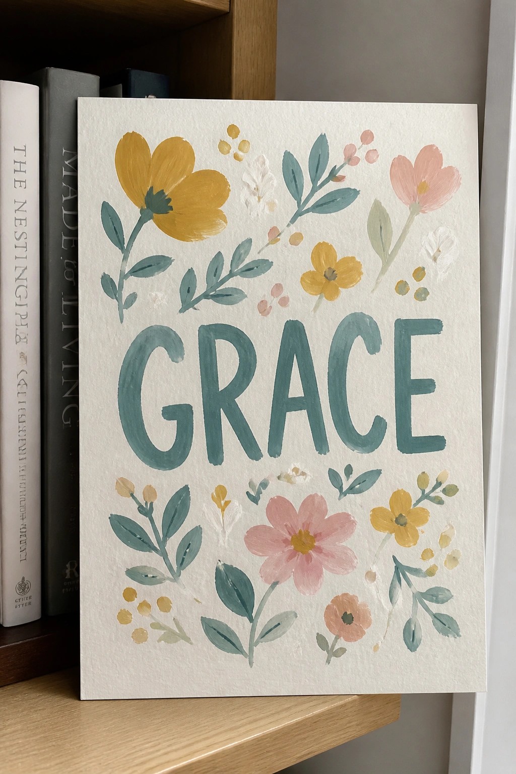 Watercolor card with teal GRACE letters amid yellow, pink, and orange flowers on shelf.