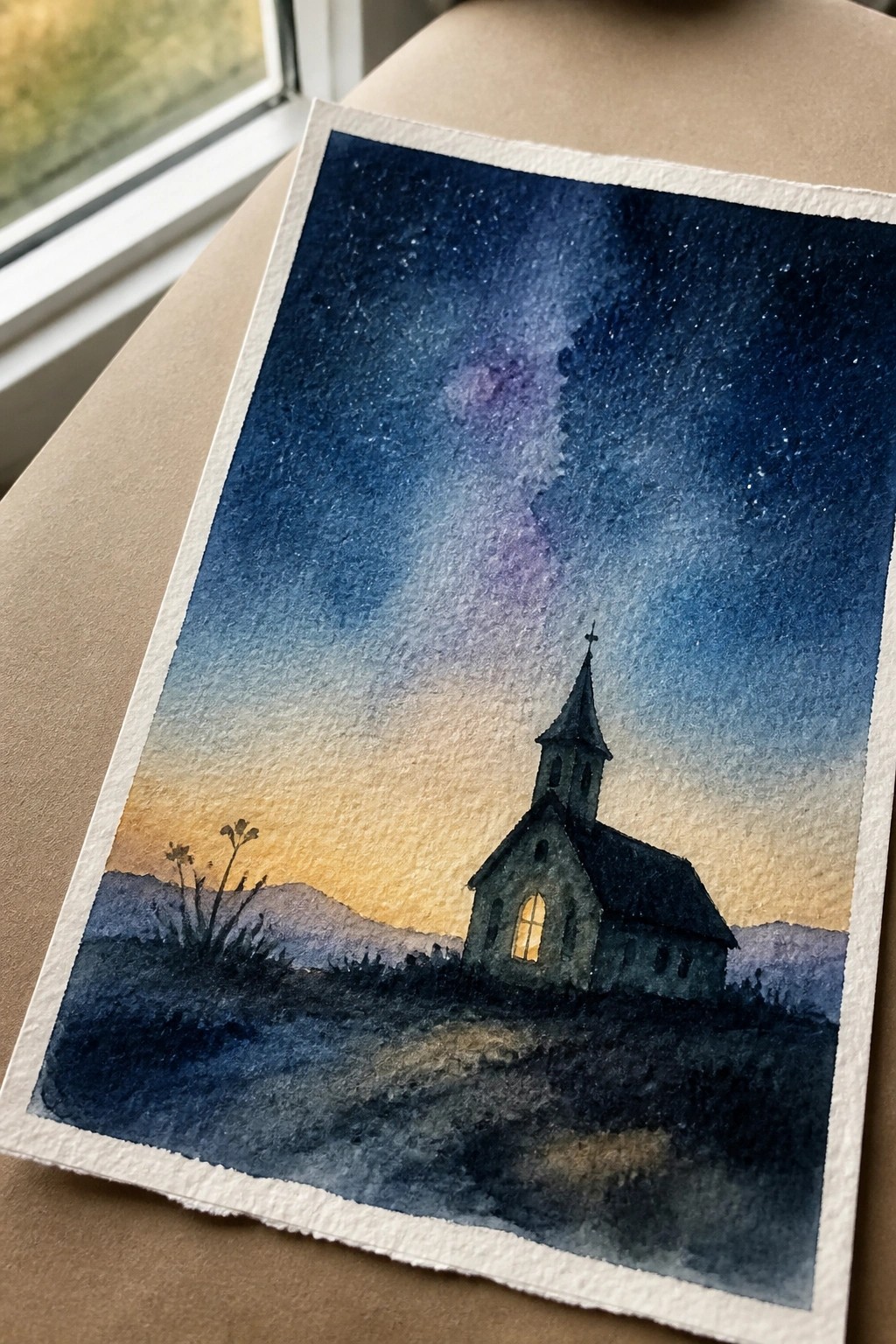Watercolor of small church with glowing window under starry Milky Way sky at dusk.