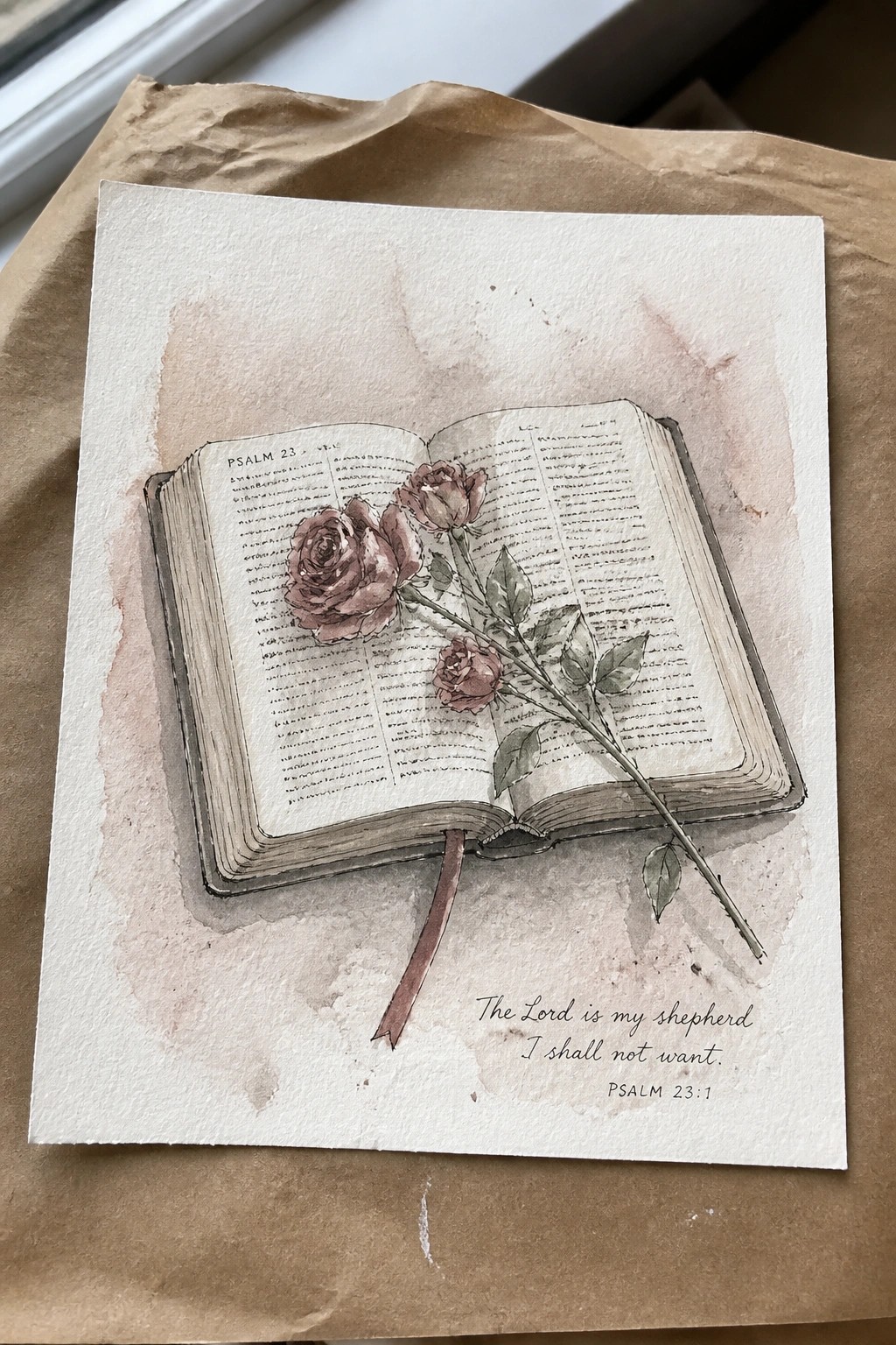 Watercolor of open Bible with three roses, bookmark, and Psalm 23:1 verse below.