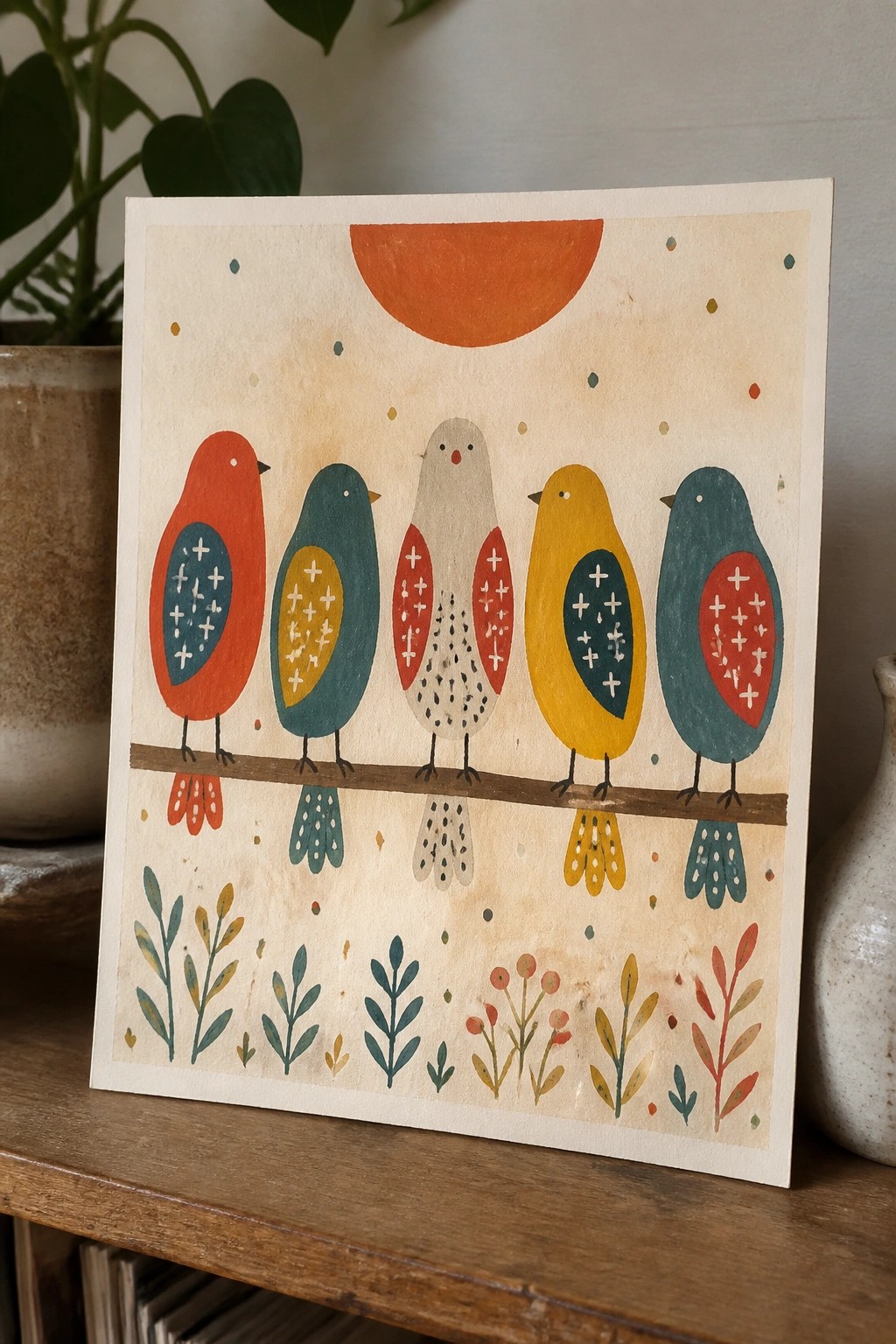 Five colorful patterned birds perch on a branch under an orange sun with foliage below.