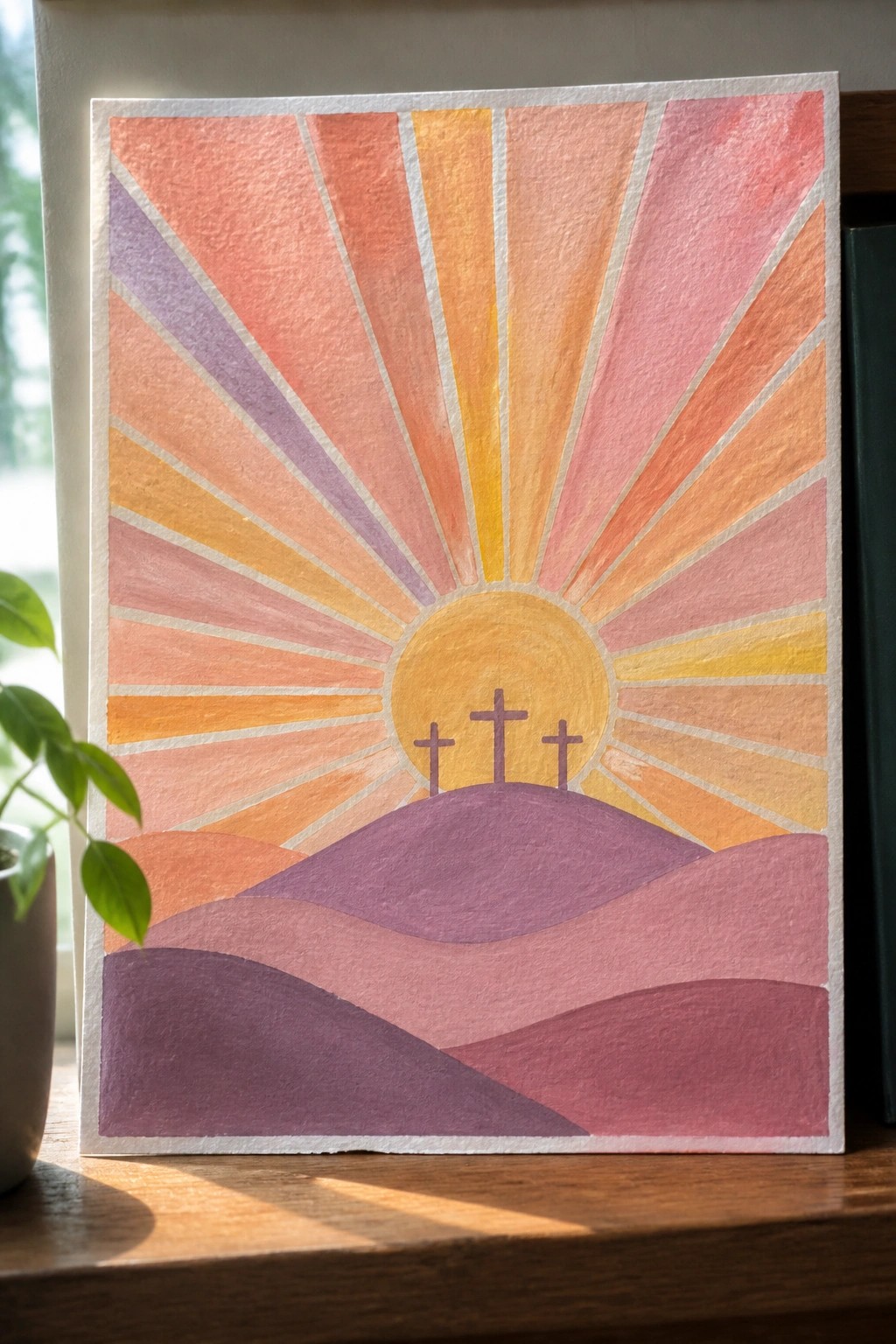 Vibrant watercolor sunrise with yellow sun and three crosses on purple hills