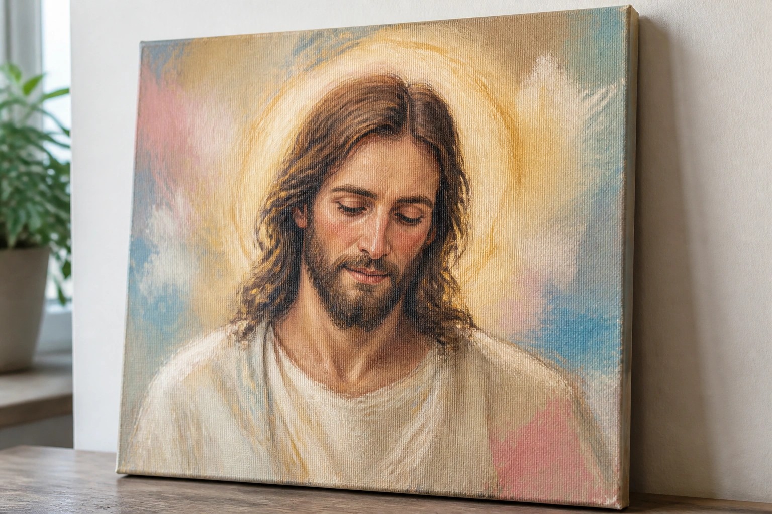 Painted canvas of Jesus in white robe with pink accents, brown hair, and golden halo on wood.