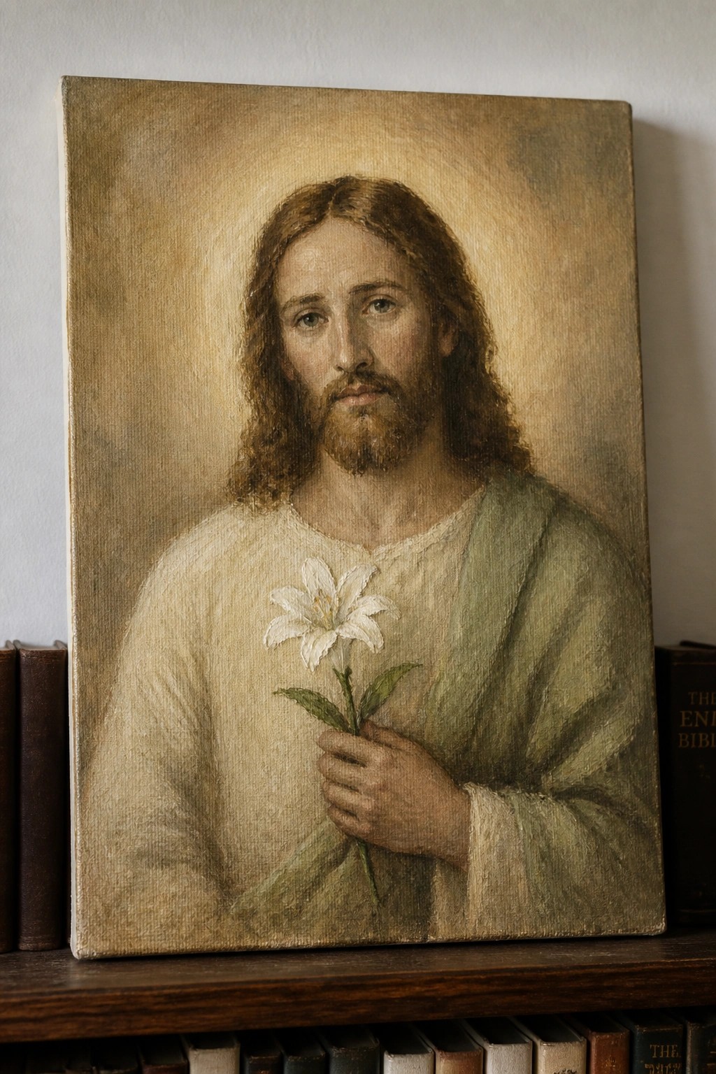 Bearded Jesus in white-green robes holding white lily with halo, on bookshelf.