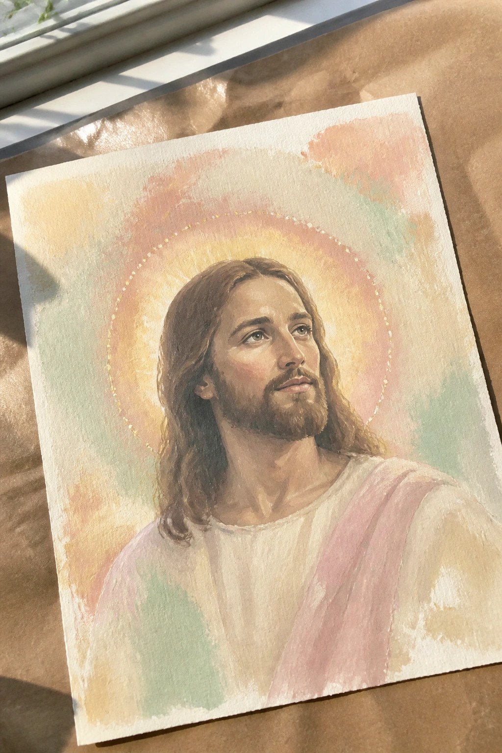 Watercolor portrait of Jesus with long brown hair, beard, golden halo, and pink sash.